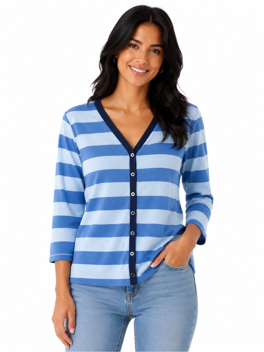Talbots Light Blue and Royal Blue Striped V-Neck Cardigan